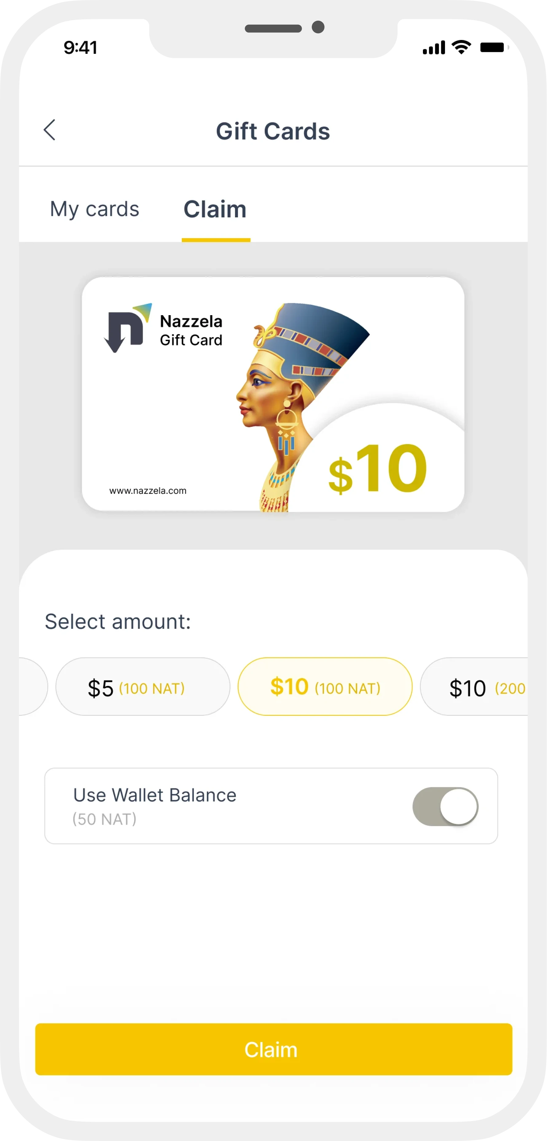 Nazzela gift card screen